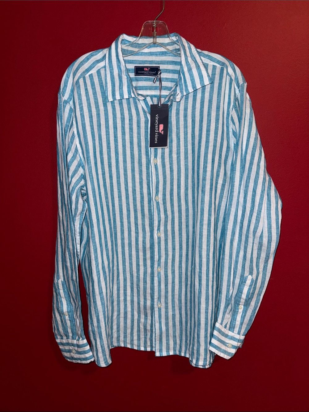 NWT Men’s Vineyard Vines Turquoise Stripe Linen Long Sleeve Button Down Shirt L